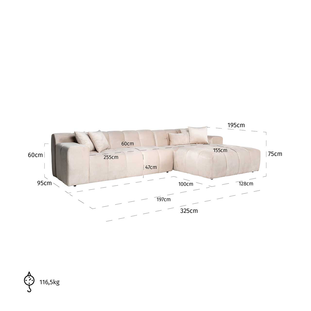 Sofa Cube 3-Sitzer mit Lounge rechts (khaki)