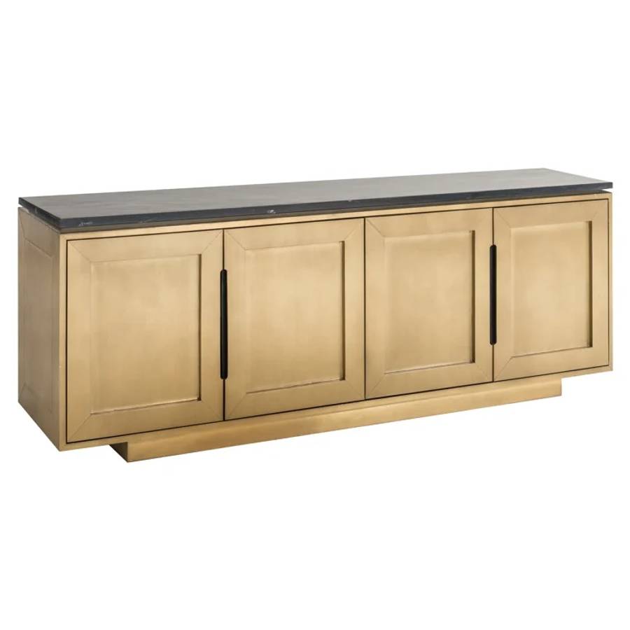 Das Sideboard Finsbury 4-türig ist ein stilvolles Möbelstück mit einer schwarzen Marmorplatte und einem goldenen Rahmen. Die vier Türen bieten reichlich Stauraum und haben eine glatte, matte Oberfläche.