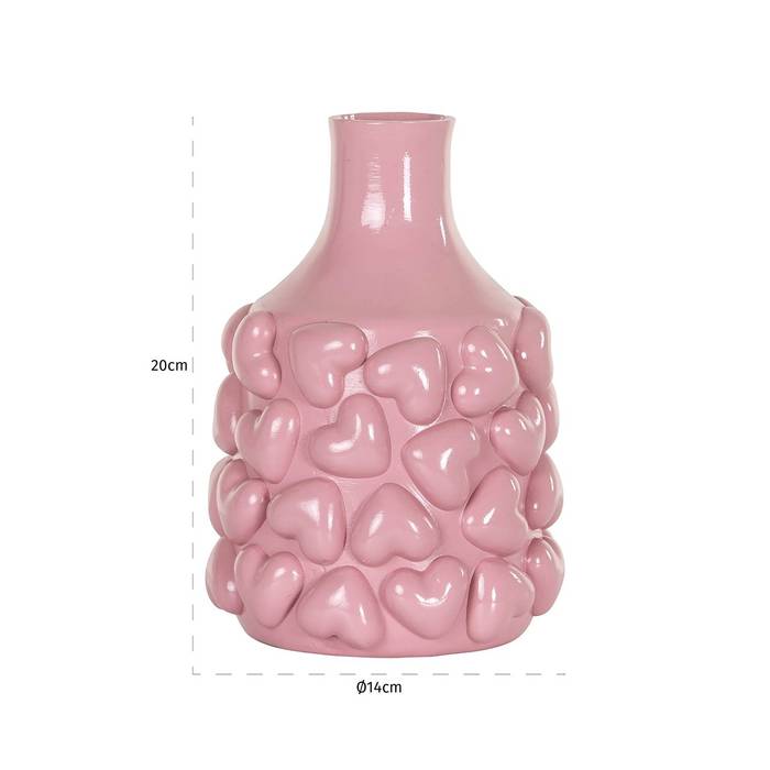 Eine rosa Vase namens „Alexia” mit einem glänzenden Finish. Die Vase hat ein einzigartiges Design mit zahlreichen erhabenen Herzformen, die den unteren Teil der Vase bedecken. Mit Maßen