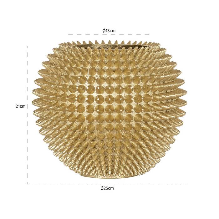 Eine goldfarbene Vase namens „Kyona” mit kugelförmiger Form. Die Oberfläche der Vase ist mit kleinen, gleichmäßig verteilten Stacheln bedeckt mit Maßen