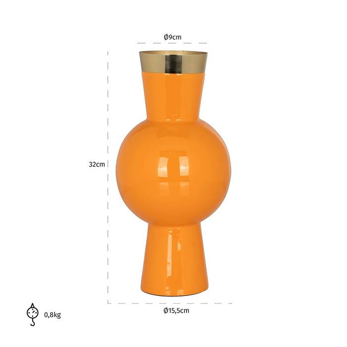  Die orange Vase Clem aus robustem Eisen mit goldenen Details und Kegel-Kugel-Design mit Maßen