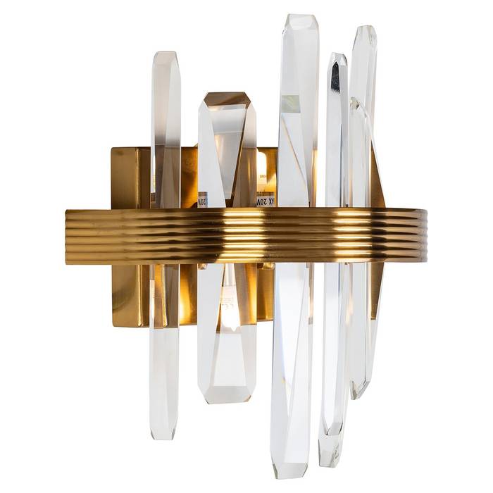 Wandlampe Brigh in Gold: Halbrunde Wandplatte mit kristallbesetztem Ring.