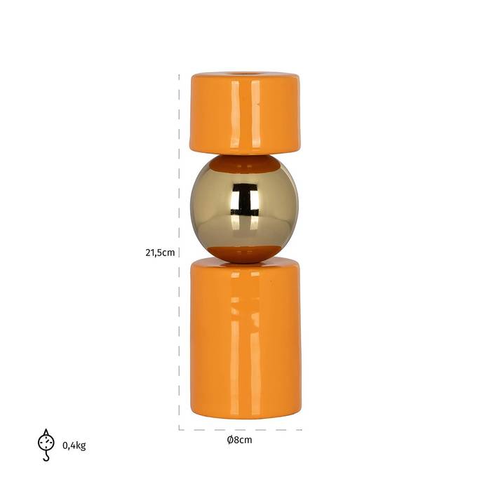 Kerzenhalter "Kira" in Orange und Gold, zylindrische Form mit goldener Kugel als Stielelement, glänzendes Eisen für ein auffälliges Dekorationsstück.