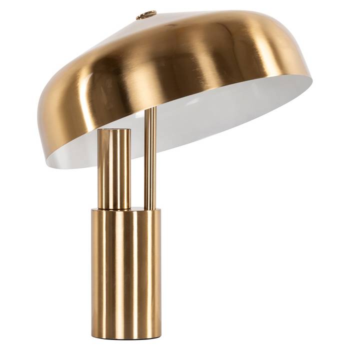 Die Tischleuchte Linzy Messing (Brushed Gold) hat ein modernes, minimalistisches Design. Die Lampe hat einen breiten, kuppelförmigen Schirm und einen zylindrischen Sockel.