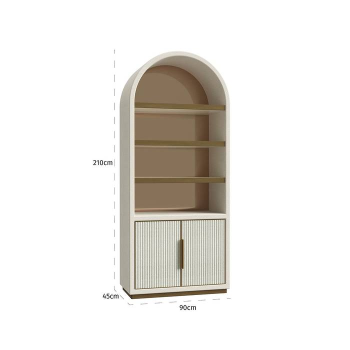 Wandschrank Tivoli in Weiß, mit gebogener Oberseite, zwei Türen und drei Regalen. Gefertigt aus Sperrholz, Eisen und Eichenfurnier, bietet er robusten Stauraum und stilvolle Eleganz für jeden Raum.