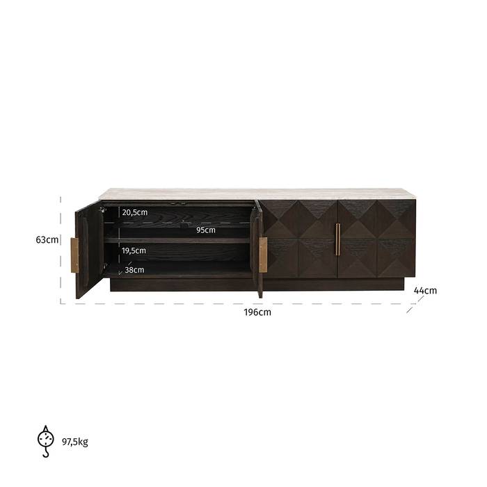 Das TV Möbel Claremont 4-türig (braun) ist 196 cm breit, 44 cm hoch und hat eine Tiefe von 63 cm. Es hat vier Türen und zwei offene Fächer. Das Holz ist dunkel und hat ein geometrisches Muster. Das Möbelstück wiegt 97,5 kg.