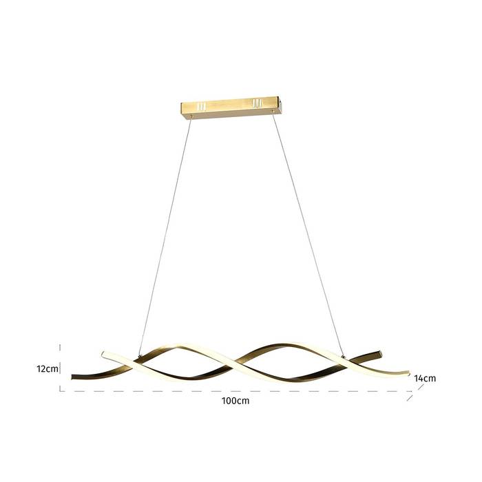 Hängelampe "Lorine" in Brushed Gold, zwei eingedrehte Lichtstreifen aus Aluminium und Eisen, elegantes Design für stilvolle Beleuchtung und warme Atmosphäre.