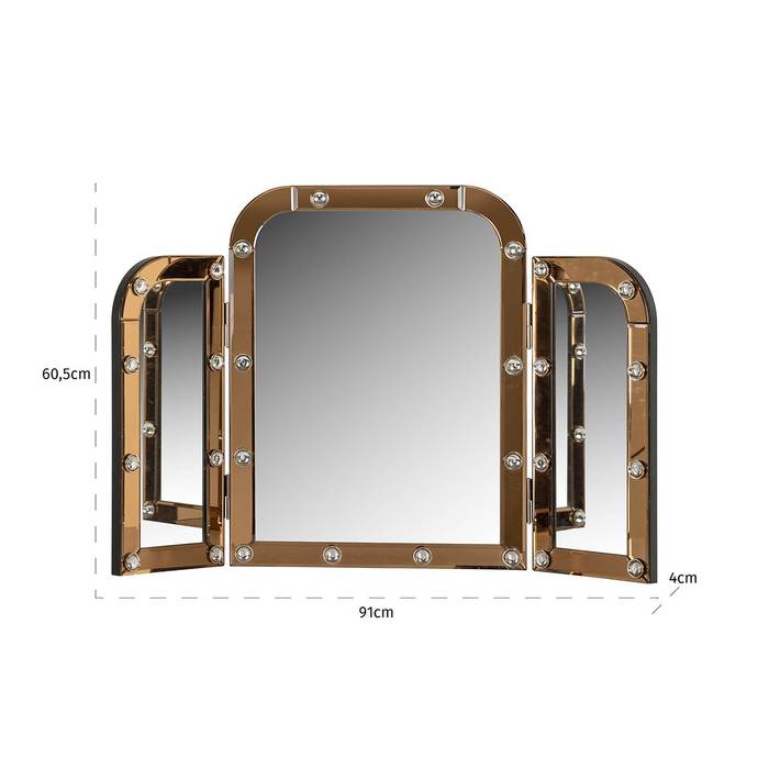 Ein dreiteiliger Tischspiegel mit einem goldfarbenen Rahmen und dekorativen runden Elementen entlang der Kanten. Der Spiegel trägt den Namen „Tischspiegel Jaira”.